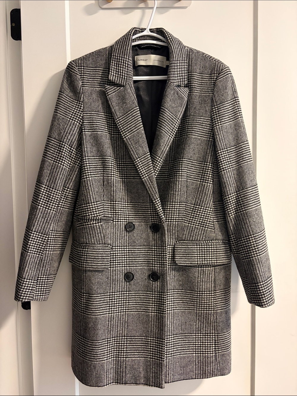 Women's Double-Breasted Glen Plaid Blazer Jacket - Black/White